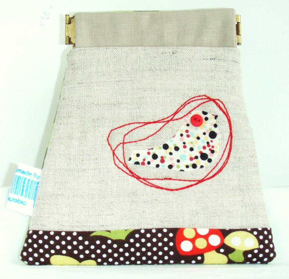 Bird And Mushroom Dots Pouch In Natural Colour - Flexible Opening